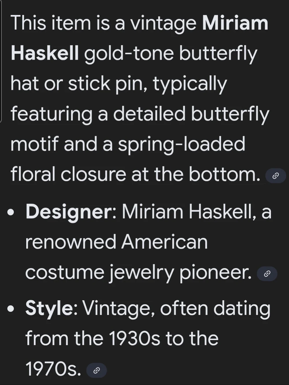 Miriam Haskell Signed Gold Tone Butterfly Hat Pin with Floral Accent Vtg 30s-70s